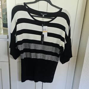 Black, Cream, and Gray Striped Women's Sweater Top